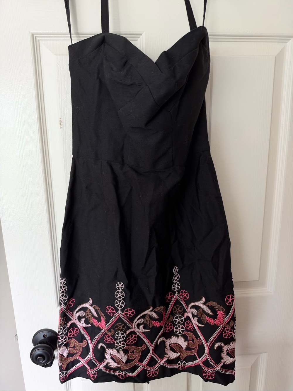 Y2K Anna Sui Black Strapless Dress with Pink & Cream Embroidered Hem